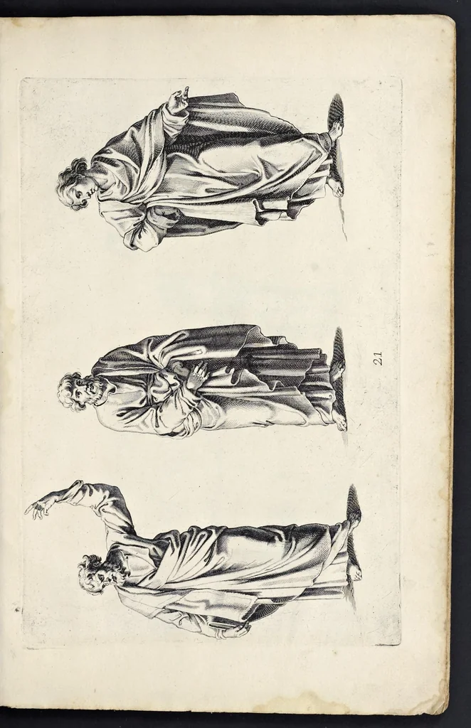 An illustration from Varie figure academiche : nouamente raccolte dal naturale con grandissima fatica e spesa, molto commode per la giouentu, la quaele si diletta dal arte dal disegno : messe in luce da I.A. de Poutre, d'Anuersa = Diuersche figuren wt de academia : nu eerst by een vergadert naert leuen, met groote moyte en oncost, seer bequaem voor alle iongelingen die hen oefenen in de teeken-const : int licht gebrocht door Ioan. A. de Poutre, plaetsnyder van Antwerpen, 1629, leaf 48