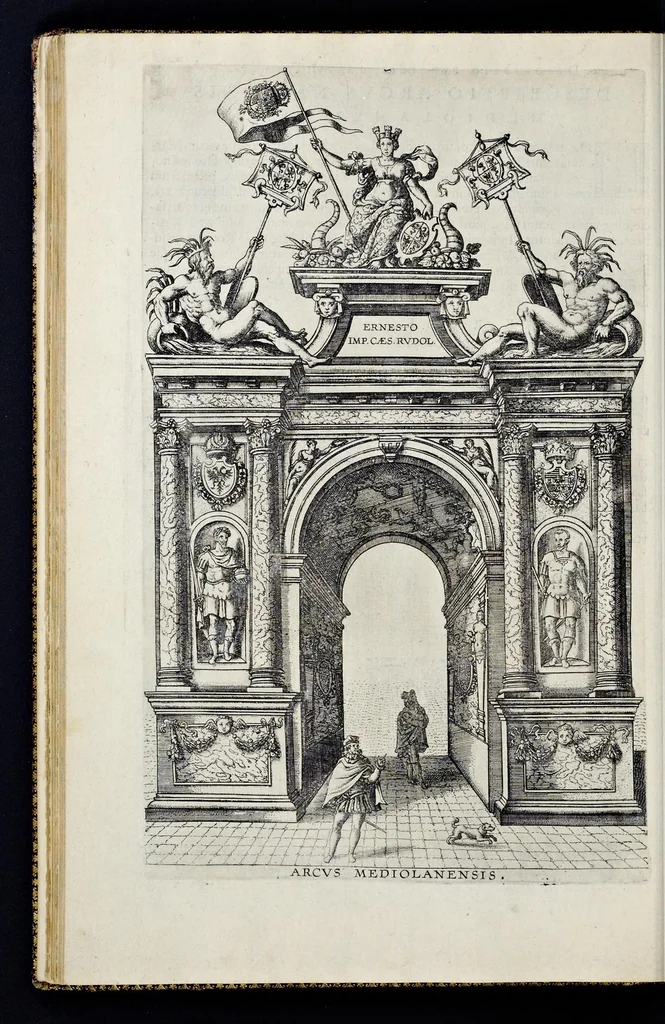 An illustration from Descriptio pvblicae gratvlationis, spectacvlorvm et lvdorvm in adventv Sereniss. Principis Ernesti Archidvcis Avstriae ... an. M.D.XCIIII. XVIII. kal. Ivlias, aliisqve diebvs Antverpiae editorvm : cvi est praefixa de Belgij principatu a romano in ea prouincia imperio ad nostra us[que] tempora breuis narratio ... : cum carmine panegyrico in eiusdem Principis Ernesti ... aduentum : accessit denique oratio funebris in Archiducis Ernesti obitum ijsdem prouincijs luctuosissimum, 1595, leaf 101