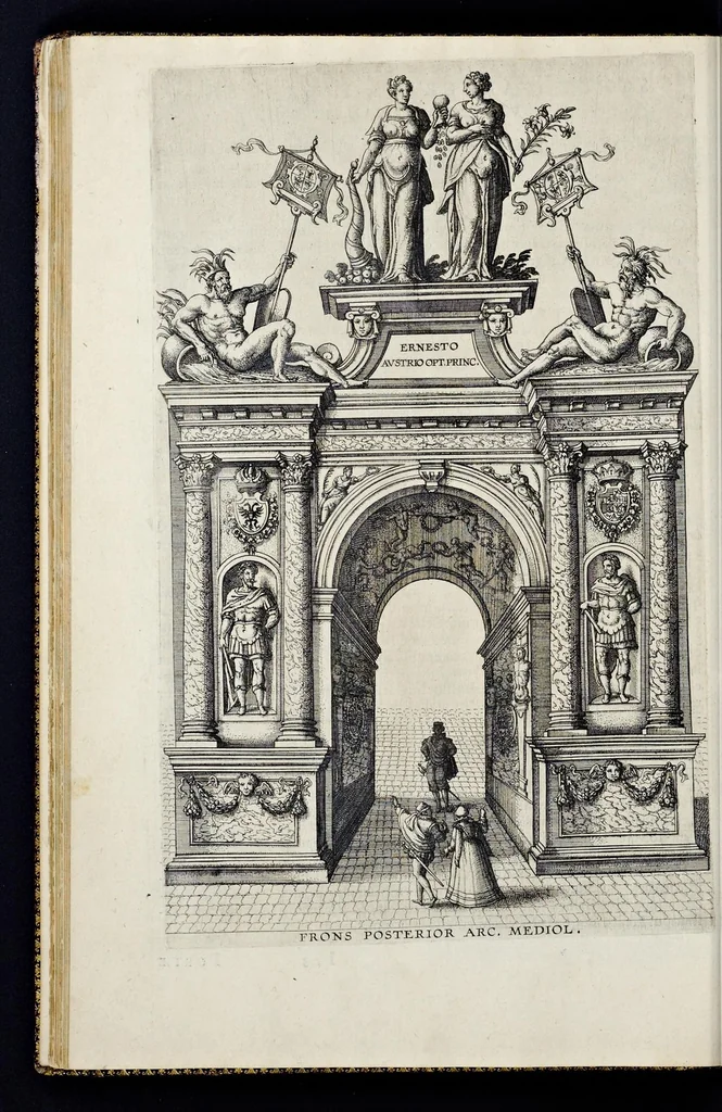 An illustration from Descriptio pvblicae gratvlationis, spectacvlorvm et lvdorvm in adventv Sereniss. Principis Ernesti Archidvcis Avstriae ... an. M.D.XCIIII. XVIII. kal. Ivlias, aliisqve diebvs Antverpiae editorvm : cvi est praefixa de Belgij principatu a romano in ea prouincia imperio ad nostra us[que] tempora breuis narratio ... : cum carmine panegyrico in eiusdem Principis Ernesti ... aduentum : accessit denique oratio funebris in Archiducis Ernesti obitum ijsdem prouincijs luctuosissimum, 1595, leaf 103