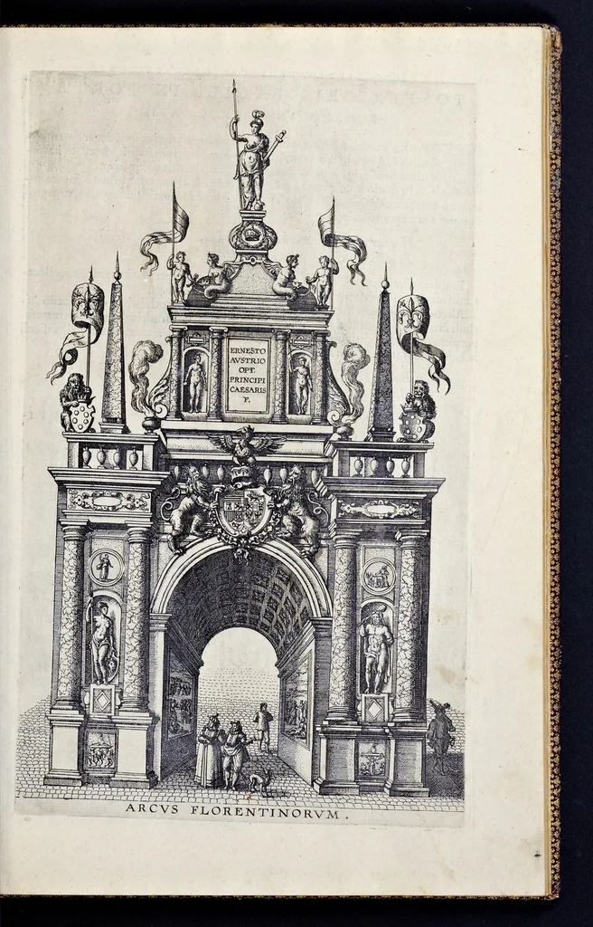 An illustration from Descriptio pvblicae gratvlationis, spectacvlorvm et lvdorvm in adventv Sereniss. Principis Ernesti Archidvcis Avstriae ... an. M.D.XCIIII. XVIII. kal. Ivlias, aliisqve diebvs Antverpiae editorvm : cvi est praefixa de Belgij principatu a romano in ea prouincia imperio ad nostra us[que] tempora breuis narratio ... : cum carmine panegyrico in eiusdem Principis Ernesti ... aduentum : accessit denique oratio funebris in Archiducis Ernesti obitum ijsdem prouincijs luctuosissimum, 1595, leaf 106