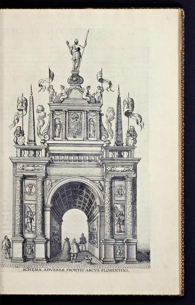 An illustration from Descriptio pvblicae gratvlationis, spectacvlorvm et lvdorvm in adventv Sereniss. Principis Ernesti Archidvcis Avstriae ... an. M.D.XCIIII. XVIII. kal. Ivlias, aliisqve diebvs Antverpiae editorvm : cvi est praefixa de Belgij principatu a romano in ea prouincia imperio ad nostra us[que] tempora breuis narratio ... : cum carmine panegyrico in eiusdem Principis Ernesti ... aduentum : accessit denique oratio funebris in Archiducis Ernesti obitum ijsdem prouincijs luctuosissimum, 1595, leaf 108
