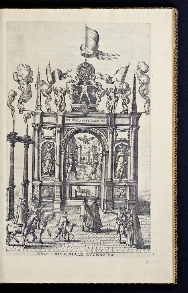 An illustration from Descriptio pvblicae gratvlationis, spectacvlorvm et lvdorvm in adventv Sereniss. Principis Ernesti Archidvcis Avstriae ... an. M.D.XCIIII. XVIII. kal. Ivlias, aliisqve diebvs Antverpiae editorvm : cvi est praefixa de Belgij principatu a romano in ea prouincia imperio ad nostra us[que] tempora breuis narratio ... : cum carmine panegyrico in eiusdem Principis Ernesti ... aduentum : accessit denique oratio funebris in Archiducis Ernesti obitum ijsdem prouincijs luctuosissimum, 1595, leaf 110