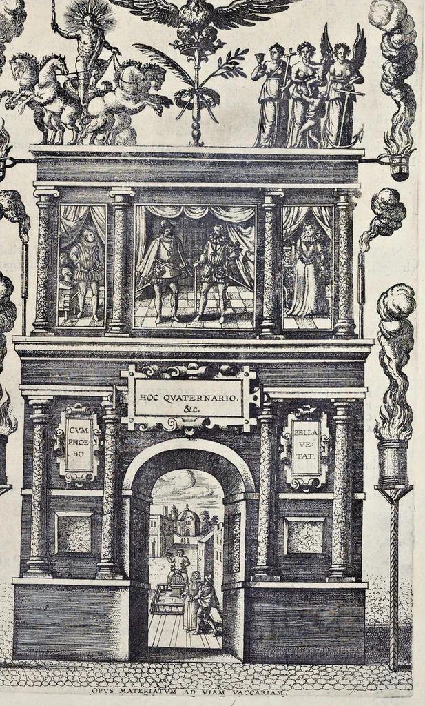 An illustration from Descriptio pvblicae gratvlationis, spectacvlorvm et lvdorvm in adventv Sereniss. Principis Ernesti Archidvcis Avstriae ... an. M.D.XCIIII. XVIII. kal. Ivlias, aliisqve diebvs Antverpiae editorvm : cvi est praefixa de Belgij principatu a romano in ea prouincia imperio ad nostra us[que] tempora breuis narratio ... : cum carmine panegyrico in eiusdem Principis Ernesti ... aduentum : accessit denique oratio funebris in Archiducis Ernesti obitum ijsdem prouincijs luctuosissimum, 1595, leaf 112