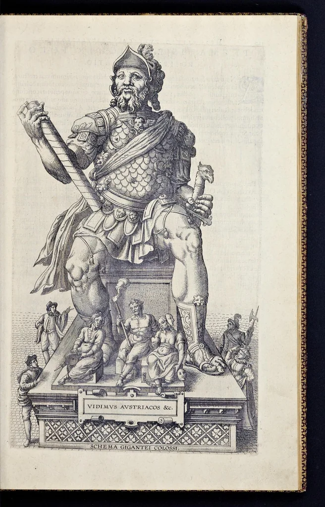 An illustration from Descriptio pvblicae gratvlationis, spectacvlorvm et lvdorvm in adventv Sereniss. Principis Ernesti Archidvcis Avstriae ... an. M.D.XCIIII. XVIII. kal. Ivlias, aliisqve diebvs Antverpiae editorvm : cvi est praefixa de Belgij principatu a romano in ea prouincia imperio ad nostra us[que] tempora breuis narratio ... : cum carmine panegyrico in eiusdem Principis Ernesti ... aduentum : accessit denique oratio funebris in Archiducis Ernesti obitum ijsdem prouincijs luctuosissimum, 1595, leaf 114
