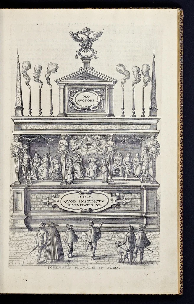 An illustration from Descriptio pvblicae gratvlationis, spectacvlorvm et lvdorvm in adventv Sereniss. Principis Ernesti Archidvcis Avstriae ... an. M.D.XCIIII. XVIII. kal. Ivlias, aliisqve diebvs Antverpiae editorvm : cvi est praefixa de Belgij principatu a romano in ea prouincia imperio ad nostra us[que] tempora breuis narratio ... : cum carmine panegyrico in eiusdem Principis Ernesti ... aduentum : accessit denique oratio funebris in Archiducis Ernesti obitum ijsdem prouincijs luctuosissimum, 1595, leaf 116