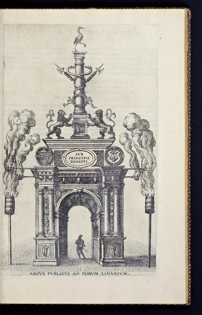 An illustration from Descriptio pvblicae gratvlationis, spectacvlorvm et lvdorvm in adventv Sereniss. Principis Ernesti Archidvcis Avstriae ... an. M.D.XCIIII. XVIII. kal. Ivlias, aliisqve diebvs Antverpiae editorvm : cvi est praefixa de Belgij principatu a romano in ea prouincia imperio ad nostra us[que] tempora breuis narratio ... : cum carmine panegyrico in eiusdem Principis Ernesti ... aduentum : accessit denique oratio funebris in Archiducis Ernesti obitum ijsdem prouincijs luctuosissimum, 1595, leaf 120