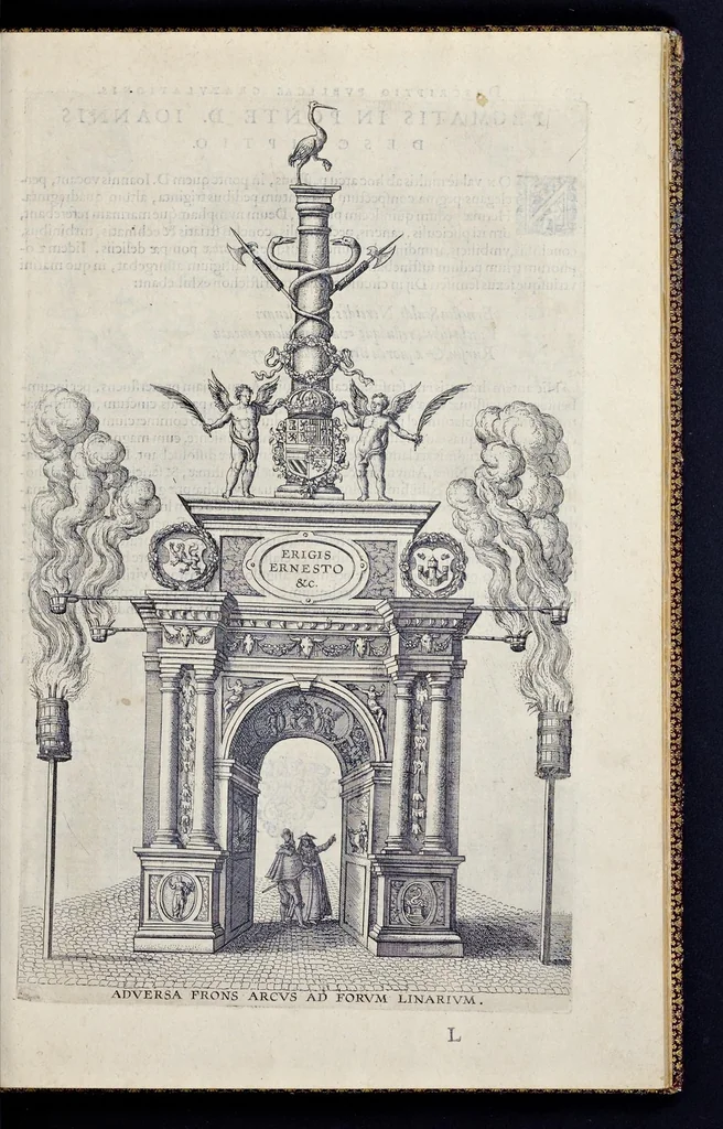 An illustration from Descriptio pvblicae gratvlationis, spectacvlorvm et lvdorvm in adventv Sereniss. Principis Ernesti Archidvcis Avstriae ... an. M.D.XCIIII. XVIII. kal. Ivlias, aliisqve diebvs Antverpiae editorvm : cvi est praefixa de Belgij principatu a romano in ea prouincia imperio ad nostra us[que] tempora breuis narratio ... : cum carmine panegyrico in eiusdem Principis Ernesti ... aduentum : accessit denique oratio funebris in Archiducis Ernesti obitum ijsdem prouincijs luctuosissimum, 1595, leaf 122