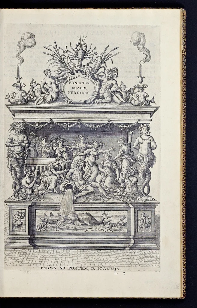 An illustration from Descriptio pvblicae gratvlationis, spectacvlorvm et lvdorvm in adventv Sereniss. Principis Ernesti Archidvcis Avstriae ... an. M.D.XCIIII. XVIII. kal. Ivlias, aliisqve diebvs Antverpiae editorvm : cvi est praefixa de Belgij principatu a romano in ea prouincia imperio ad nostra us[que] tempora breuis narratio ... : cum carmine panegyrico in eiusdem Principis Ernesti ... aduentum : accessit denique oratio funebris in Archiducis Ernesti obitum ijsdem prouincijs luctuosissimum, 1595, leaf 124
