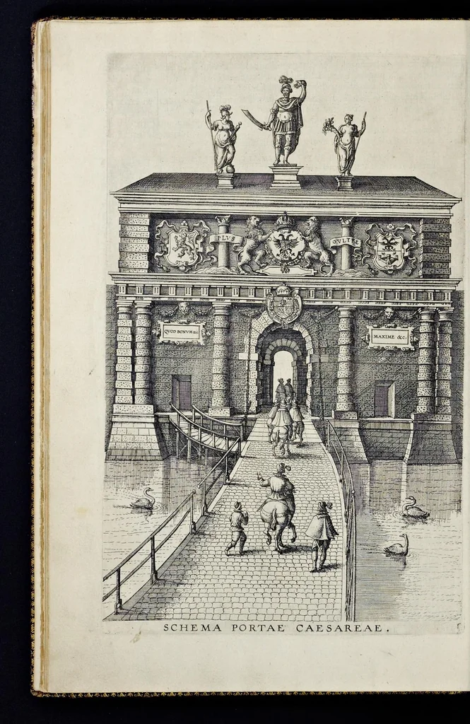 An illustration from Descriptio pvblicae gratvlationis, spectacvlorvm et lvdorvm in adventv Sereniss. Principis Ernesti Archidvcis Avstriae ... an. M.D.XCIIII. XVIII. kal. Ivlias, aliisqve diebvs Antverpiae editorvm : cvi est praefixa de Belgij principatu a romano in ea prouincia imperio ad nostra us[que] tempora breuis narratio ... : cum carmine panegyrico in eiusdem Principis Ernesti ... aduentum : accessit denique oratio funebris in Archiducis Ernesti obitum ijsdem prouincijs luctuosissimum, 1595, leaf 65
