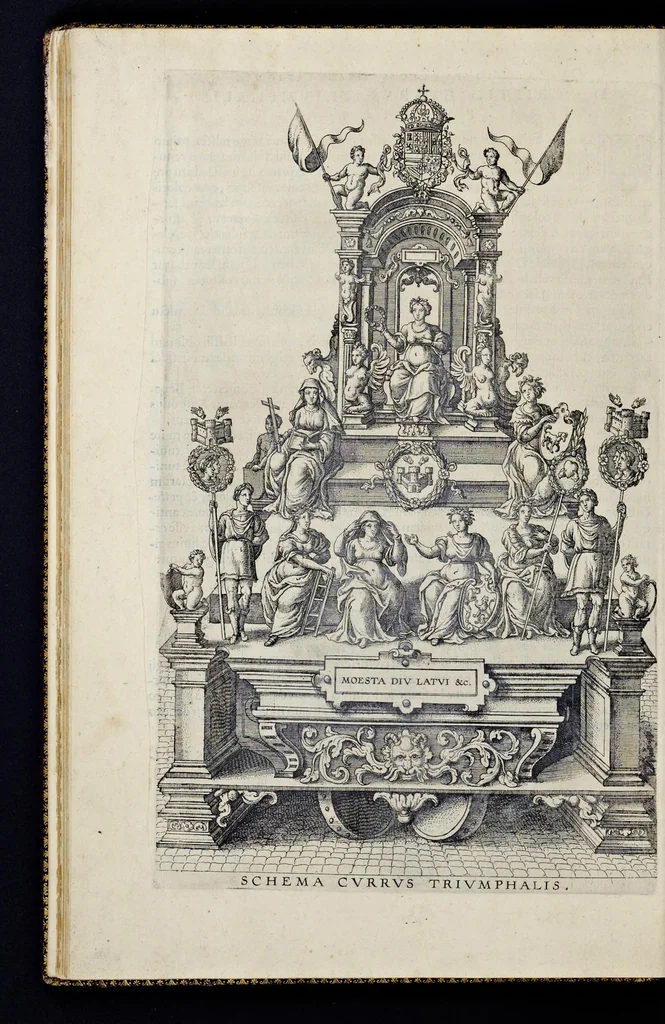 An illustration from Descriptio pvblicae gratvlationis, spectacvlorvm et lvdorvm in adventv Sereniss. Principis Ernesti Archidvcis Avstriae ... an. M.D.XCIIII. XVIII. kal. Ivlias, aliisqve diebvs Antverpiae editorvm : cvi est praefixa de Belgij principatu a romano in ea prouincia imperio ad nostra us[que] tempora breuis narratio ... : cum carmine panegyrico in eiusdem Principis Ernesti ... aduentum : accessit denique oratio funebris in Archiducis Ernesti obitum ijsdem prouincijs luctuosissimum, 1595, leaf 67