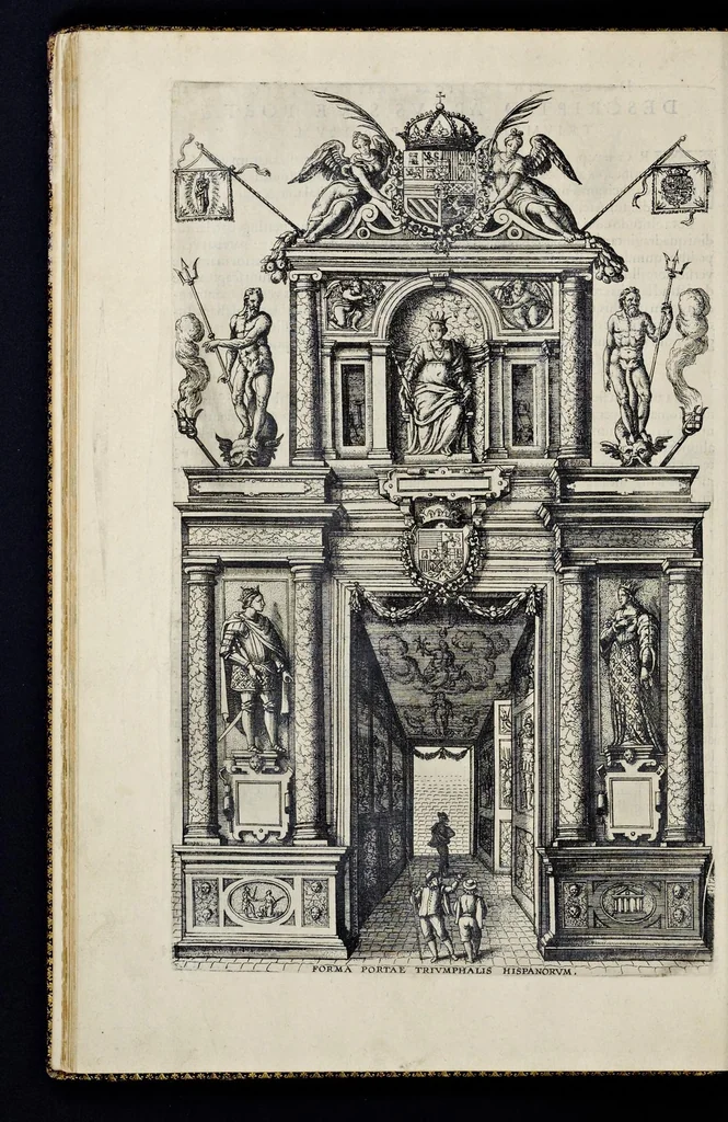 An illustration from Descriptio pvblicae gratvlationis, spectacvlorvm et lvdorvm in adventv Sereniss. Principis Ernesti Archidvcis Avstriae ... an. M.D.XCIIII. XVIII. kal. Ivlias, aliisqve diebvs Antverpiae editorvm : cvi est praefixa de Belgij principatu a romano in ea prouincia imperio ad nostra us[que] tempora breuis narratio ... : cum carmine panegyrico in eiusdem Principis Ernesti ... aduentum : accessit denique oratio funebris in Archiducis Ernesti obitum ijsdem prouincijs luctuosissimum, 1595, leaf 69