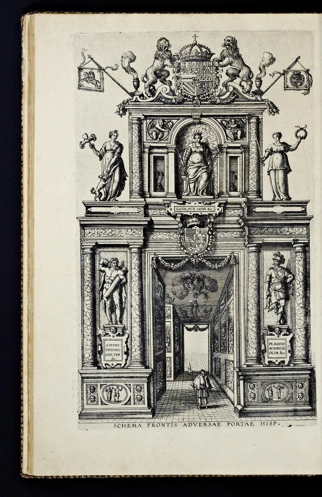 An illustration from Descriptio pvblicae gratvlationis, spectacvlorvm et lvdorvm in adventv Sereniss. Principis Ernesti Archidvcis Avstriae ... an. M.D.XCIIII. XVIII. kal. Ivlias, aliisqve diebvs Antverpiae editorvm : cvi est praefixa de Belgij principatu a romano in ea prouincia imperio ad nostra us[que] tempora breuis narratio ... : cum carmine panegyrico in eiusdem Principis Ernesti ... aduentum : accessit denique oratio funebris in Archiducis Ernesti obitum ijsdem prouincijs luctuosissimum, 1595, leaf 71