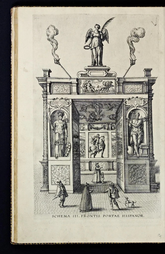 An illustration from Descriptio pvblicae gratvlationis, spectacvlorvm et lvdorvm in adventv Sereniss. Principis Ernesti Archidvcis Avstriae ... an. M.D.XCIIII. XVIII. kal. Ivlias, aliisqve diebvs Antverpiae editorvm : cvi est praefixa de Belgij principatu a romano in ea prouincia imperio ad nostra us[que] tempora breuis narratio ... : cum carmine panegyrico in eiusdem Principis Ernesti ... aduentum : accessit denique oratio funebris in Archiducis Ernesti obitum ijsdem prouincijs luctuosissimum, 1595, leaf 73