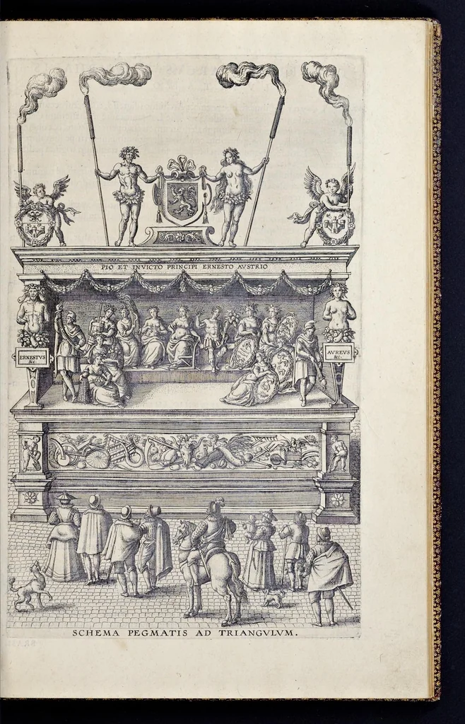 An illustration from Descriptio pvblicae gratvlationis, spectacvlorvm et lvdorvm in adventv Sereniss. Principis Ernesti Archidvcis Avstriae ... an. M.D.XCIIII. XVIII. kal. Ivlias, aliisqve diebvs Antverpiae editorvm : cvi est praefixa de Belgij principatu a romano in ea prouincia imperio ad nostra us[que] tempora breuis narratio ... : cum carmine panegyrico in eiusdem Principis Ernesti ... aduentum : accessit denique oratio funebris in Archiducis Ernesti obitum ijsdem prouincijs luctuosissimum, 1595, leaf 76
