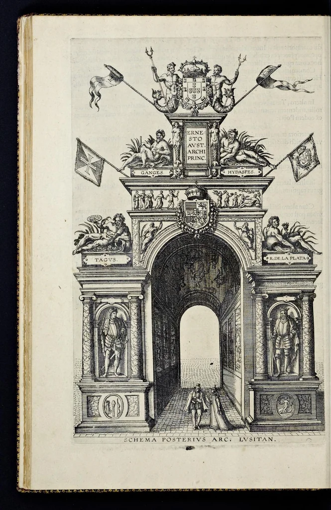 An illustration from Descriptio pvblicae gratvlationis, spectacvlorvm et lvdorvm in adventv Sereniss. Principis Ernesti Archidvcis Avstriae ... an. M.D.XCIIII. XVIII. kal. Ivlias, aliisqve diebvs Antverpiae editorvm : cvi est praefixa de Belgij principatu a romano in ea prouincia imperio ad nostra us[que] tempora breuis narratio ... : cum carmine panegyrico in eiusdem Principis Ernesti ... aduentum : accessit denique oratio funebris in Archiducis Ernesti obitum ijsdem prouincijs luctuosissimum, 1595, leaf 83