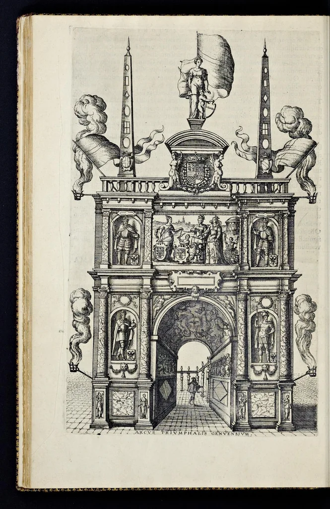 An illustration from Descriptio pvblicae gratvlationis, spectacvlorvm et lvdorvm in adventv Sereniss. Principis Ernesti Archidvcis Avstriae ... an. M.D.XCIIII. XVIII. kal. Ivlias, aliisqve diebvs Antverpiae editorvm : cvi est praefixa de Belgij principatu a romano in ea prouincia imperio ad nostra us[que] tempora breuis narratio ... : cum carmine panegyrico in eiusdem Principis Ernesti ... aduentum : accessit denique oratio funebris in Archiducis Ernesti obitum ijsdem prouincijs luctuosissimum, 1595, leaf 95