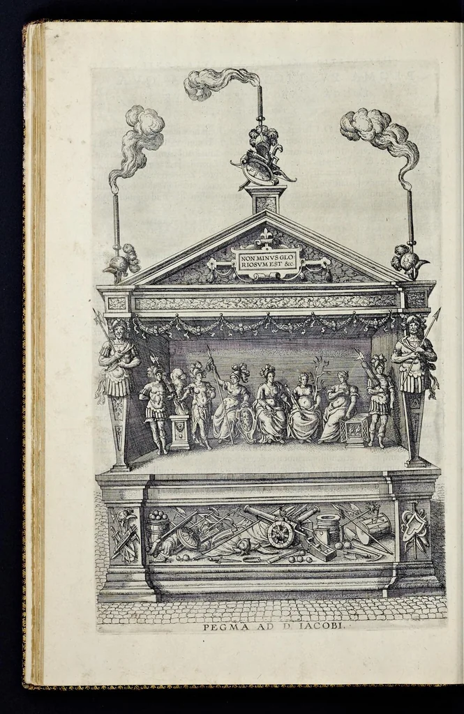 An illustration from Descriptio pvblicae gratvlationis, spectacvlorvm et lvdorvm in adventv Sereniss. Principis Ernesti Archidvcis Avstriae ... an. M.D.XCIIII. XVIII. kal. Ivlias, aliisqve diebvs Antverpiae editorvm : cvi est praefixa de Belgij principatu a romano in ea prouincia imperio ad nostra us[que] tempora breuis narratio ... : cum carmine panegyrico in eiusdem Principis Ernesti ... aduentum : accessit denique oratio funebris in Archiducis Ernesti obitum ijsdem prouincijs luctuosissimum, 1595, leaf 99