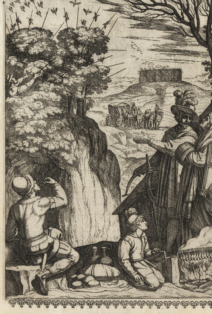 An illustration from Vccelliera, ouero, Discorso della natura, e proprieta di diuersi vccelli : e in particolare di que' che cantano, con il modo di prendergli, conoscergli, alleuargli, e mantenergli : e con le figure cauate dal vero, e diligentem[en]te intagliate in rame dal Tempesta, e dal Villamena, 1684, leaf 121