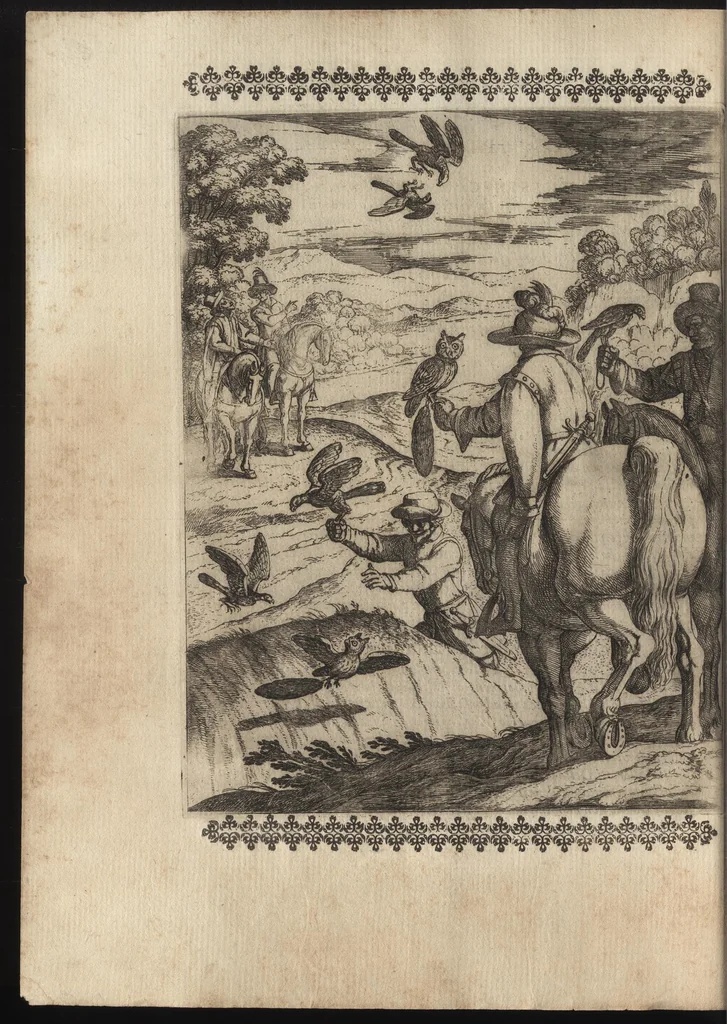 An illustration from Vccelliera, ouero, Discorso della natura, e proprieta di diuersi vccelli : e in particolare di que' che cantano, con il modo di prendergli, conoscergli, alleuargli, e mantenergli : e con le figure cauate dal vero, e diligentem[en]te intagliate in rame dal Tempesta, e dal Villamena, 1684, leaf 125