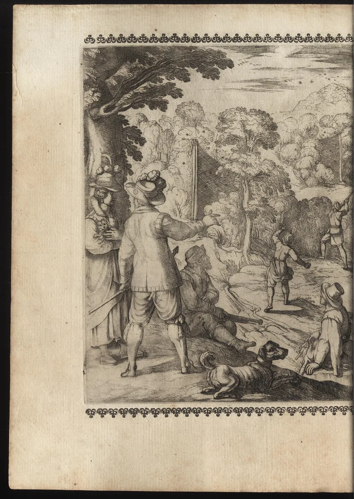 An illustration from Vccelliera, ouero, Discorso della natura, e proprieta di diuersi vccelli : e in particolare di que' che cantano, con il modo di prendergli, conoscergli, alleuargli, e mantenergli : e con le figure cauate dal vero, e diligentem[en]te intagliate in rame dal Tempesta, e dal Villamena, 1684, leaf 135