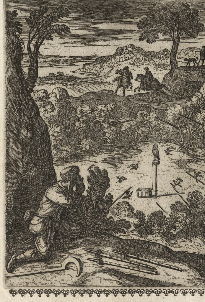 An illustration from Vccelliera, ouero, Discorso della natura, e proprieta di diuersi vccelli : e in particolare di que' che cantano, con il modo di prendergli, conoscergli, alleuargli, e mantenergli : e con le figure cauate dal vero, e diligentem[en]te intagliate in rame dal Tempesta, e dal Villamena, 1684, leaf 141