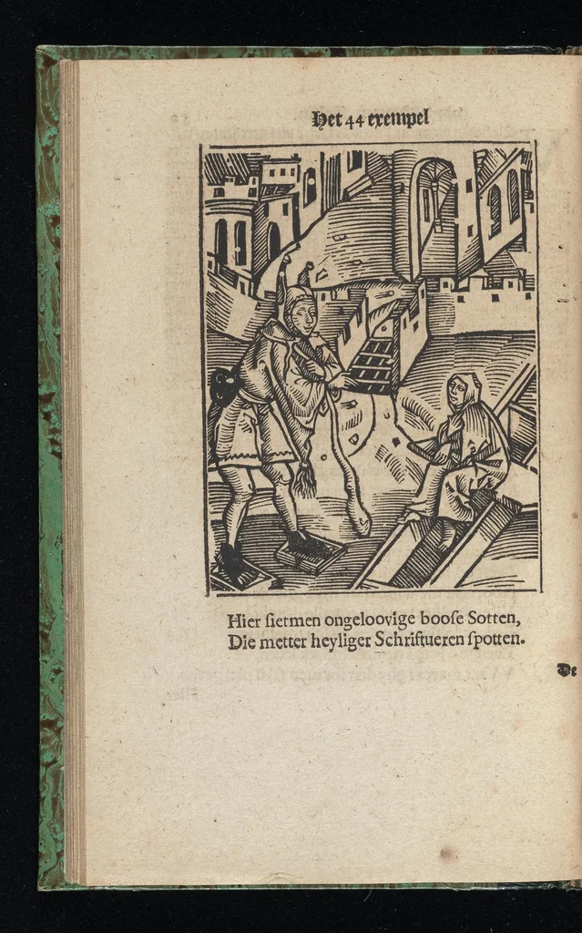 An illustration from Aff-ghebeelde narren speel-schuyt, verciert met meer als hondert schoone figueren nae den aert van veelderley sotten die op aerden zijn: bewesen met stichtelijcke exempelen, soo uyt de H. Schrift als oock uyt de kerckelijcke oudt-vaders ende andere schrijvers... Beschreven int Latijn ende Hooch-Duytsch, 1635, leaf 111