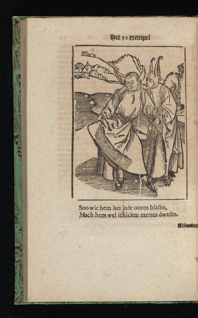 An illustration from Aff-ghebeelde narren speel-schuyt, verciert met meer als hondert schoone figueren nae den aert van veelderley sotten die op aerden zijn: bewesen met stichtelijcke exempelen, soo uyt de H. Schrift als oock uyt de kerckelijcke oudt-vaders ende andere schrijvers... Beschreven int Latijn ende Hooch-Duytsch, 1635, leaf 207