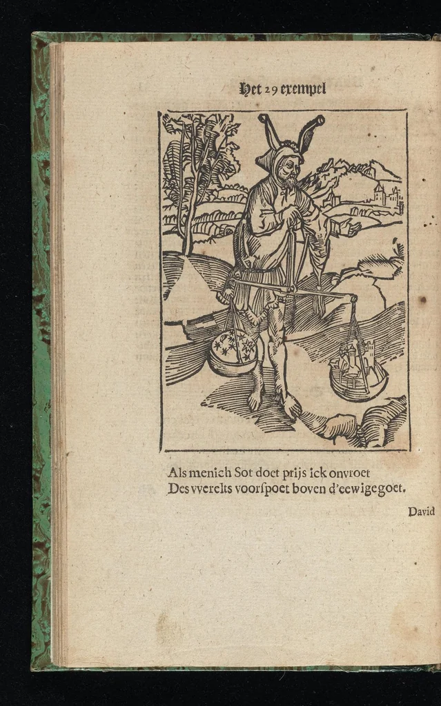 An illustration from Aff-ghebeelde narren speel-schuyt, verciert met meer als hondert schoone figueren nae den aert van veelderley sotten die op aerden zijn: bewesen met stichtelijcke exempelen, soo uyt de H. Schrift als oock uyt de kerckelijcke oudt-vaders ende andere schrijvers... Beschreven int Latijn ende Hooch-Duytsch, 1635, leaf 77