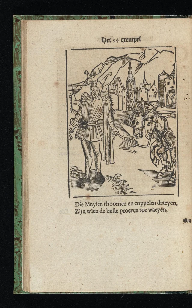 An illustration from Aff-ghebeelde narren speel-schuyt, verciert met meer als hondert schoone figueren nae den aert van veelderley sotten die op aerden zijn: bewesen met stichtelijcke exempelen, soo uyt de H. Schrift als oock uyt de kerckelijcke oudt-vaders ende andere schrijvers... Beschreven int Latijn ende Hooch-Duytsch, 1635, leaf 87