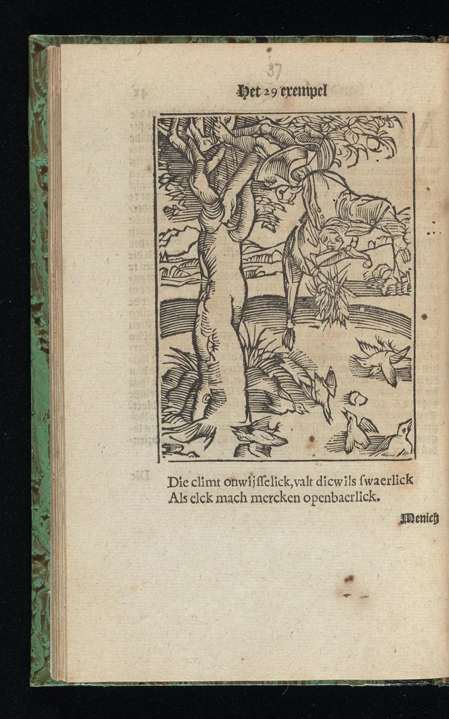 An illustration from Aff-ghebeelde narren speel-schuyt, verciert met meer als hondert schoone figueren nae den aert van veelderley sotten die op aerden zijn: bewesen met stichtelijcke exempelen, soo uyt de H. Schrift als oock uyt de kerckelijcke oudt-vaders ende andere schrijvers... Beschreven int Latijn ende Hooch-Duytsch, 1635, leaf 93