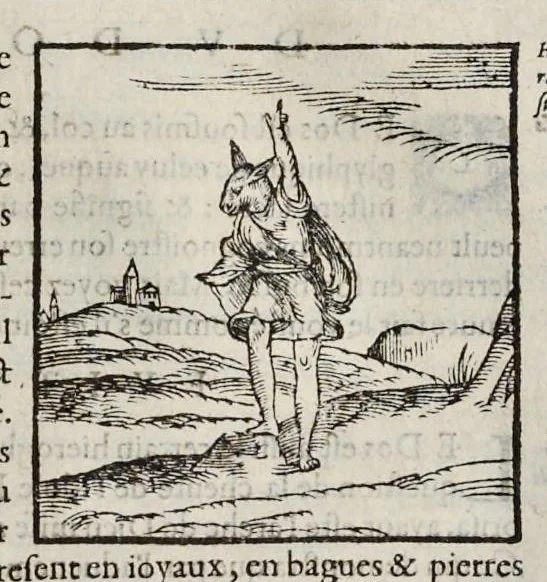 An illustration from Les hieroglyphiques de Ian-Pierre Valerian, vulgairement nommé Pierius. Autrement, commentaires des lettres et figures sacrées des Aegyptiens & autres nations. Oeuure reduicte en cinquante huict liures, ausquels sont adjoincts deux autres, 1615, leaf 454