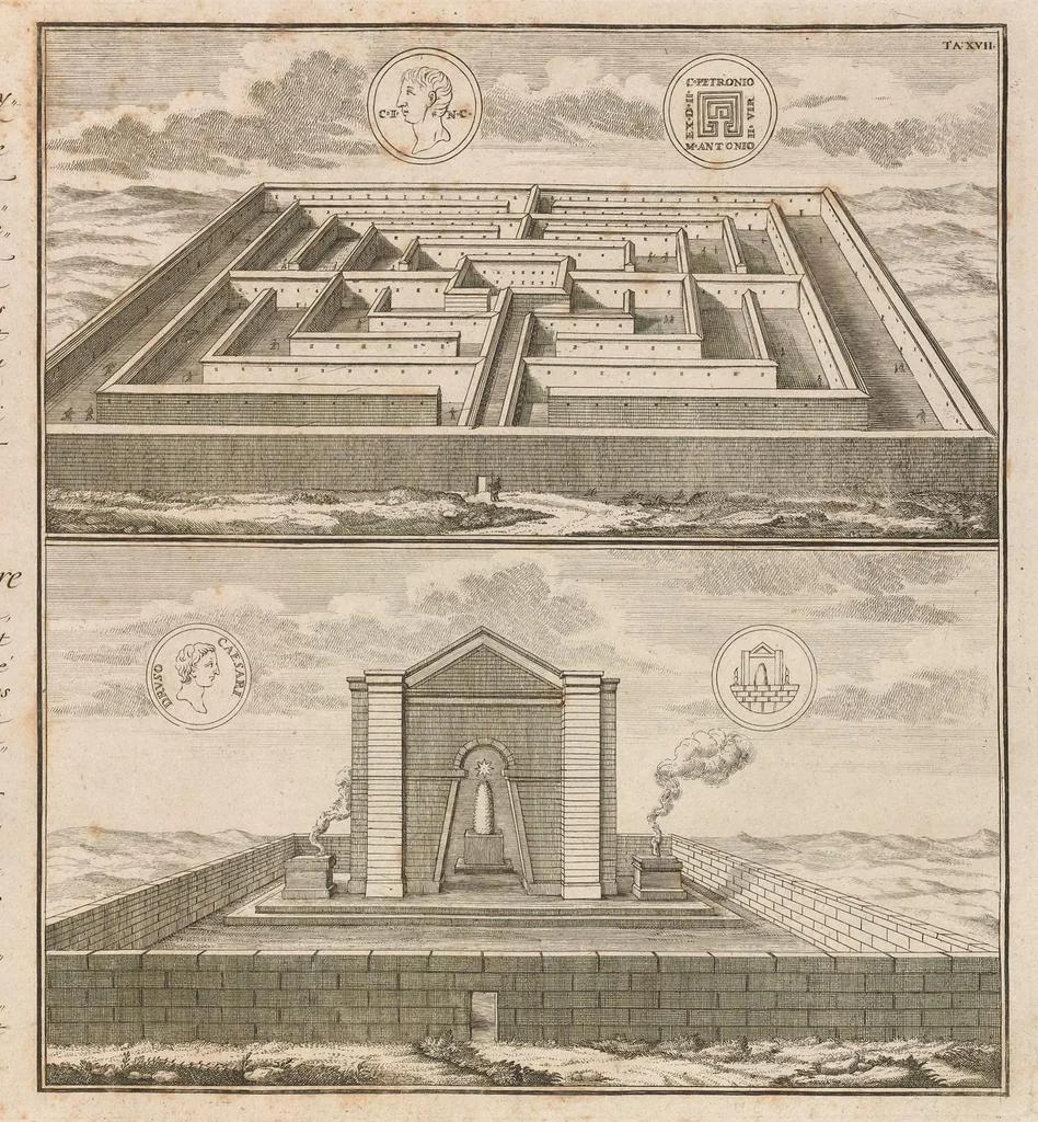 An illustration from Entwurff einer historischen Architectur : in Abbildung unterschiedener berühmten Gebäude, des Alterthums, und fremder Völcker, umb aus den Geschicht-Büchern, Gedächtnüss-Müntzen, Ruinen, und eigeholten wahrhafften Abrissen, von Augen zu stellen. In dem ersten Buche. Die von der Zeit vergrabene Bau-Arten der alten Jüden, Egÿptier, Sÿrer, Perser, und Griechen. In dem andren. Alte unbekante römische. In dem dritten. Einige fremde in- und ausser-europäische, als der Araber, und Türcken, etc. auch neue persianische, siamitische, sinesische und japonesische Gebäude. In dem vierten. Einige Gebäude von des autoris Erfindung und Zeichnung., 1725, leaf 96