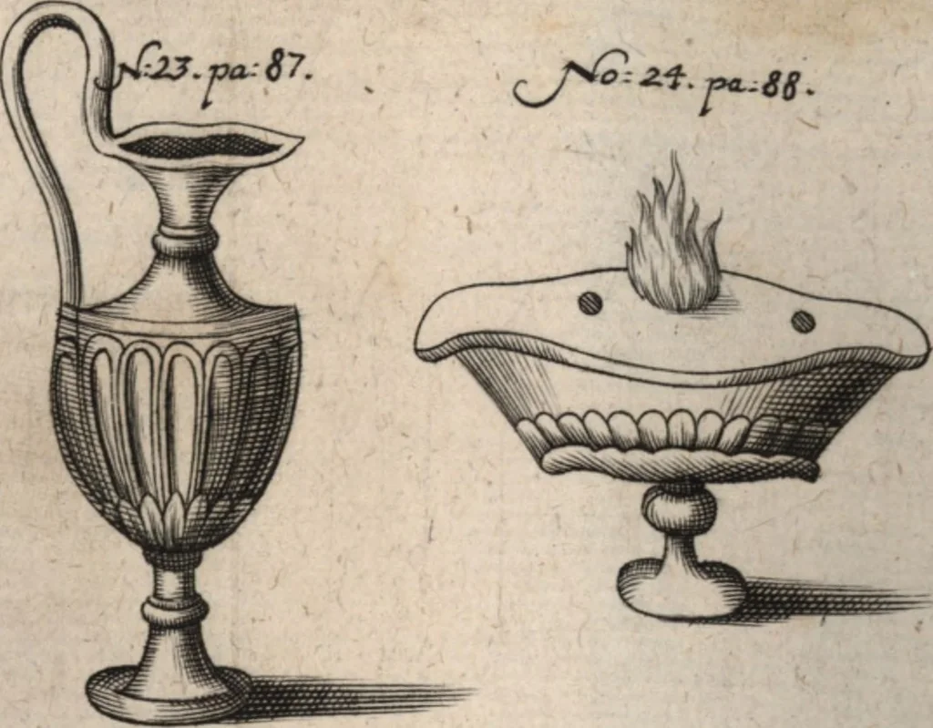 An illustration from Joh. Baptistae Casalii Romani De profanis et sacris veteribus ritibus opus tripartitum : cujus prima pars agit de profanis Ægyptiorum ritibus ... ; secunda pars agit de profanis Romanorum ritibus ... ; tertia pars agit de sacris Christianorum ritibus ... ; accedunt indices capitum, rerum item & verborum copiosissimi, & accuratissimi, 1681, leaf 132