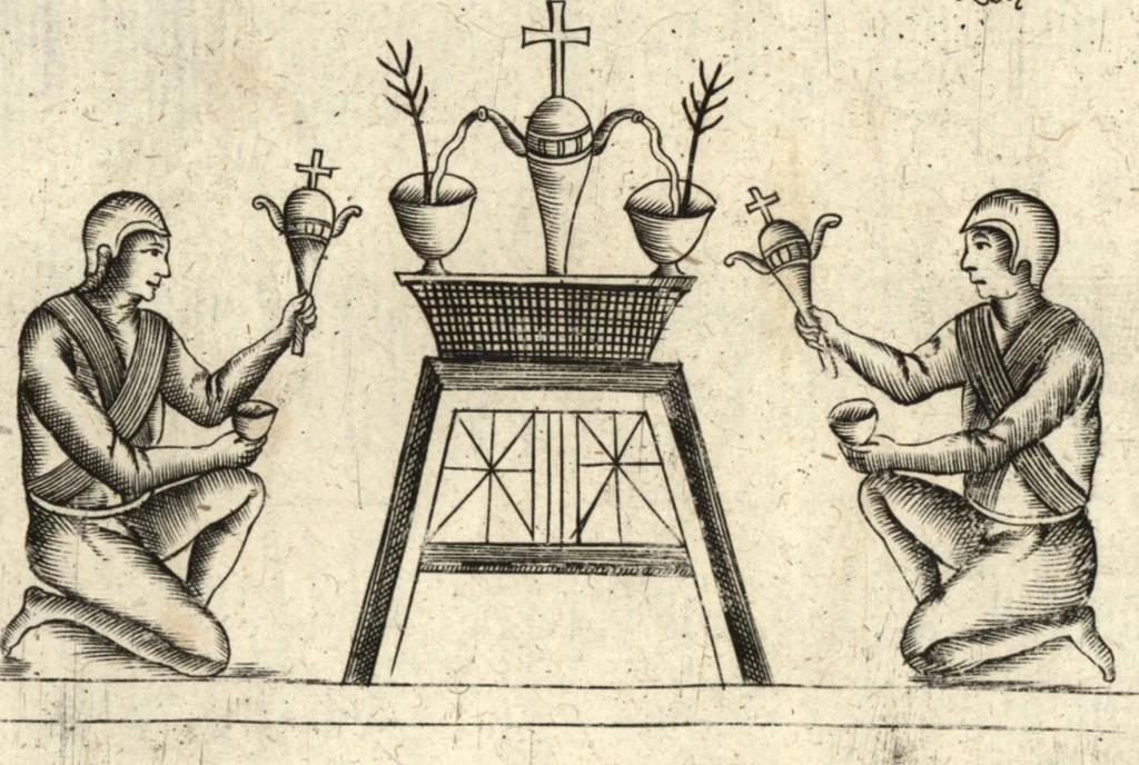 An illustration from Joh. Baptistae Casalii Romani De profanis et sacris veteribus ritibus opus tripartitum : cujus prima pars agit de profanis Ægyptiorum ritibus ... ; secunda pars agit de profanis Romanorum ritibus ... ; tertia pars agit de sacris Christianorum ritibus ... ; accedunt indices capitum, rerum item & verborum copiosissimi, & accuratissimi, 1681, leaf 256