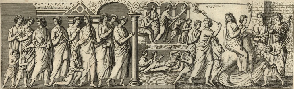 An illustration from Joh. Baptistae Casalii Romani De profanis et sacris veteribus ritibus opus tripartitum : cujus prima pars agit de profanis Ægyptiorum ritibus ... ; secunda pars agit de profanis Romanorum ritibus ... ; tertia pars agit de sacris Christianorum ritibus ... ; accedunt indices capitum, rerum item & verborum copiosissimi, & accuratissimi, 1681, leaf 28