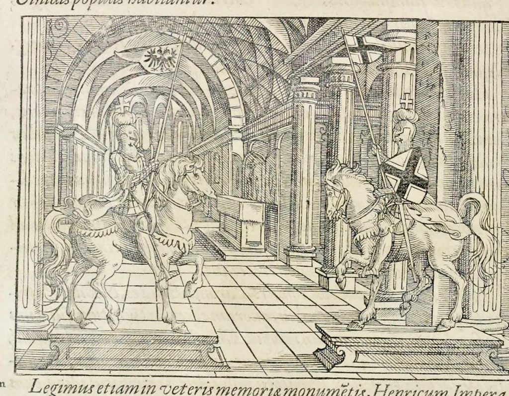 An illustration from Pandectae trivmphales, siue, Pomparvm et festorvm ac solennivm apparatvvm, conviviorvm, spectacvlorvm, simvlacrorvm bellicorvm equestrivm et pedestrivm, navmachiarum, ludorum deniq[ue] omnium nobiliorum, quot hactenus vbiq[ue] gentium re bello bene gesta ... edita concelebrataque sunt, tomi dvo : qvorvm prior de trivmphis ... heroum ... tractat : posterior ... hastilvdiorvm per Germaniam tradit initia ..., 1586, leaf 495
