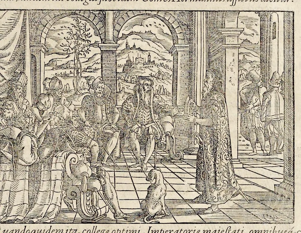 An illustration from Pandectae trivmphales, siue, Pomparvm et festorvm ac solennivm apparatvvm, conviviorvm, spectacvlorvm, simvlacrorvm bellicorvm equestrivm et pedestrivm, navmachiarum, ludorum deniq[ue] omnium nobiliorum, quot hactenus vbiq[ue] gentium re bello bene gesta ... edita concelebrataque sunt, tomi dvo : qvorvm prior de trivmphis ... heroum ... tractat : posterior ... hastilvdiorvm per Germaniam tradit initia ..., 1586, leaf 498