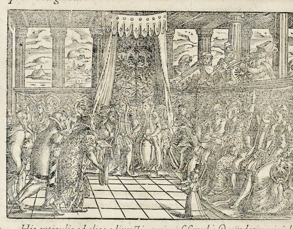 An illustration from Pandectae trivmphales, siue, Pomparvm et festorvm ac solennivm apparatvvm, conviviorvm, spectacvlorvm, simvlacrorvm bellicorvm equestrivm et pedestrivm, navmachiarum, ludorum deniq[ue] omnium nobiliorum, quot hactenus vbiq[ue] gentium re bello bene gesta ... edita concelebrataque sunt, tomi dvo : qvorvm prior de trivmphis ... heroum ... tractat : posterior ... hastilvdiorvm per Germaniam tradit initia ..., 1586, leaf 505