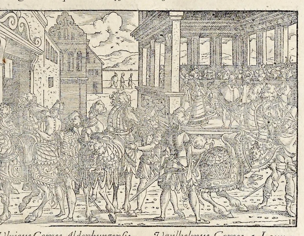 An illustration from Pandectae trivmphales, siue, Pomparvm et festorvm ac solennivm apparatvvm, conviviorvm, spectacvlorvm, simvlacrorvm bellicorvm equestrivm et pedestrivm, navmachiarum, ludorum deniq[ue] omnium nobiliorum, quot hactenus vbiq[ue] gentium re bello bene gesta ... edita concelebrataque sunt, tomi dvo : qvorvm prior de trivmphis ... heroum ... tractat : posterior ... hastilvdiorvm per Germaniam tradit initia ..., 1586, leaf 516
