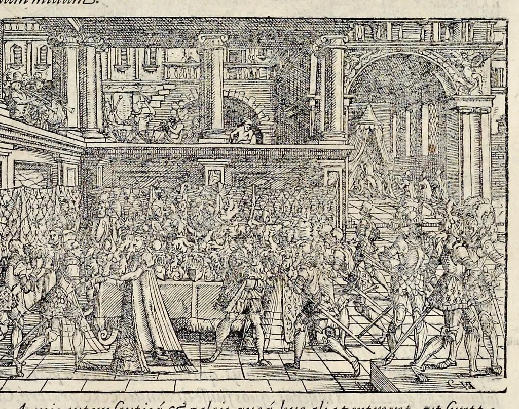 An illustration from Pandectae trivmphales, siue, Pomparvm et festorvm ac solennivm apparatvvm, conviviorvm, spectacvlorvm, simvlacrorvm bellicorvm equestrivm et pedestrivm, navmachiarum, ludorum deniq[ue] omnium nobiliorum, quot hactenus vbiq[ue] gentium re bello bene gesta ... edita concelebrataque sunt, tomi dvo : qvorvm prior de trivmphis ... heroum ... tractat : posterior ... hastilvdiorvm per Germaniam tradit initia ..., 1586, leaf 520