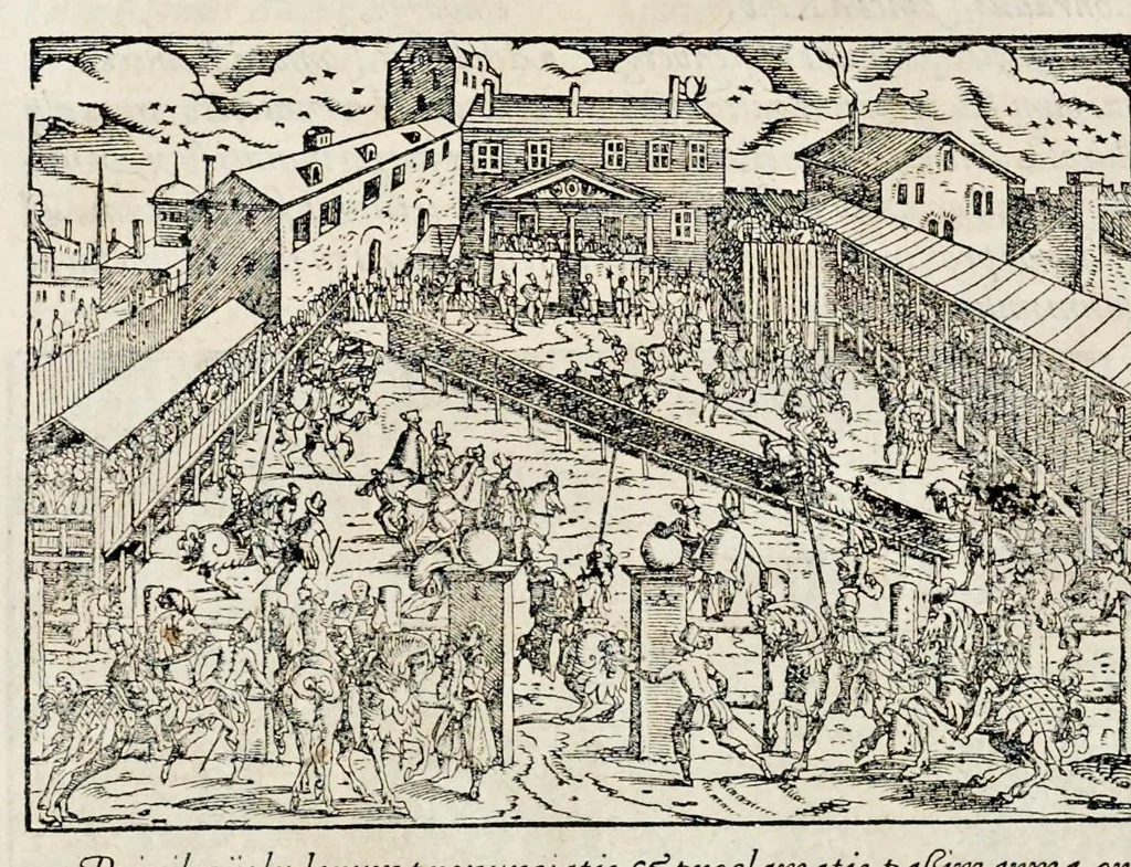 An illustration from Pandectae trivmphales, siue, Pomparvm et festorvm ac solennivm apparatvvm, conviviorvm, spectacvlorvm, simvlacrorvm bellicorvm equestrivm et pedestrivm, navmachiarum, ludorum deniq[ue] omnium nobiliorum, quot hactenus vbiq[ue] gentium re bello bene gesta ... edita concelebrataque sunt, tomi dvo : qvorvm prior de trivmphis ... heroum ... tractat : posterior ... hastilvdiorvm per Germaniam tradit initia ..., 1586, leaf 521