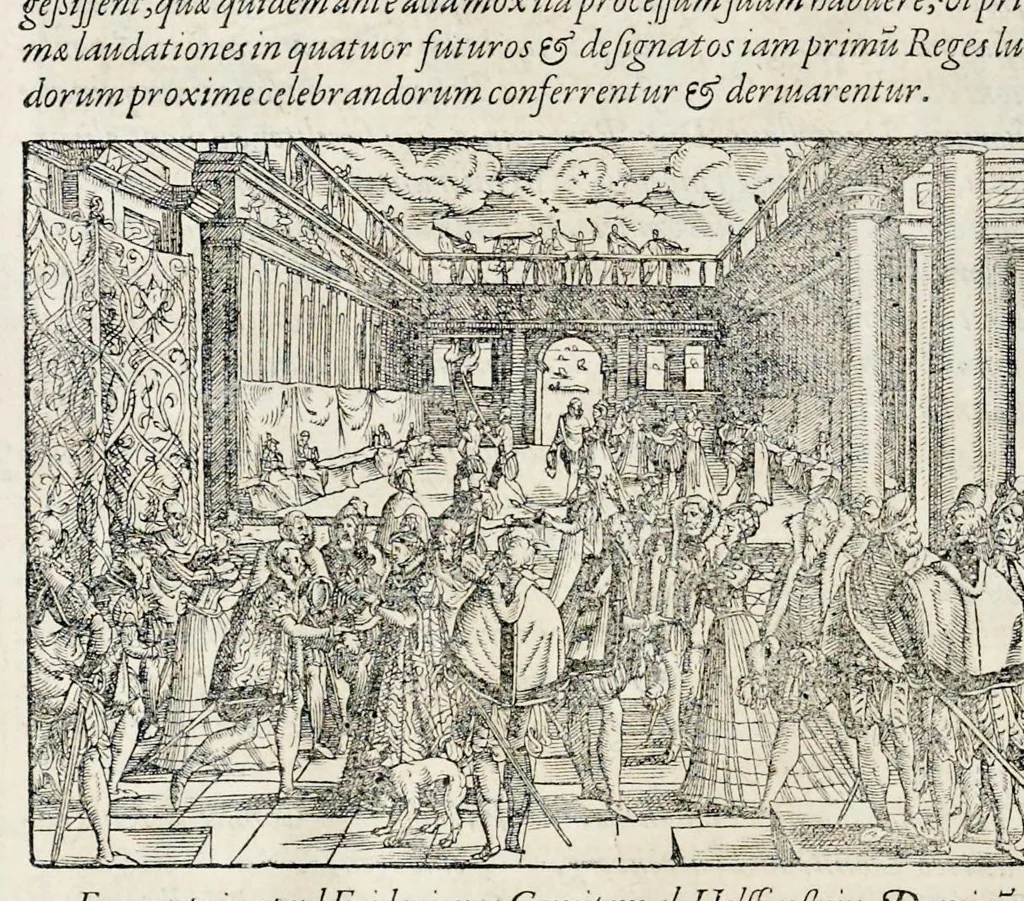 An illustration from Pandectae trivmphales, siue, Pomparvm et festorvm ac solennivm apparatvvm, conviviorvm, spectacvlorvm, simvlacrorvm bellicorvm equestrivm et pedestrivm, navmachiarum, ludorum deniq[ue] omnium nobiliorum, quot hactenus vbiq[ue] gentium re bello bene gesta ... edita concelebrataque sunt, tomi dvo : qvorvm prior de trivmphis ... heroum ... tractat : posterior ... hastilvdiorvm per Germaniam tradit initia ..., 1586, leaf 523