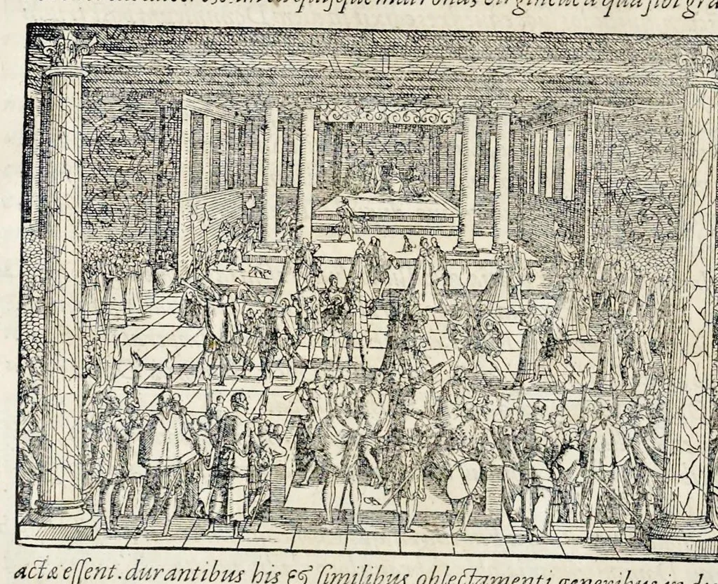 An illustration from Pandectae trivmphales, siue, Pomparvm et festorvm ac solennivm apparatvvm, conviviorvm, spectacvlorvm, simvlacrorvm bellicorvm equestrivm et pedestrivm, navmachiarum, ludorum deniq[ue] omnium nobiliorum, quot hactenus vbiq[ue] gentium re bello bene gesta ... edita concelebrataque sunt, tomi dvo : qvorvm prior de trivmphis ... heroum ... tractat : posterior ... hastilvdiorvm per Germaniam tradit initia ..., 1586, leaf 525