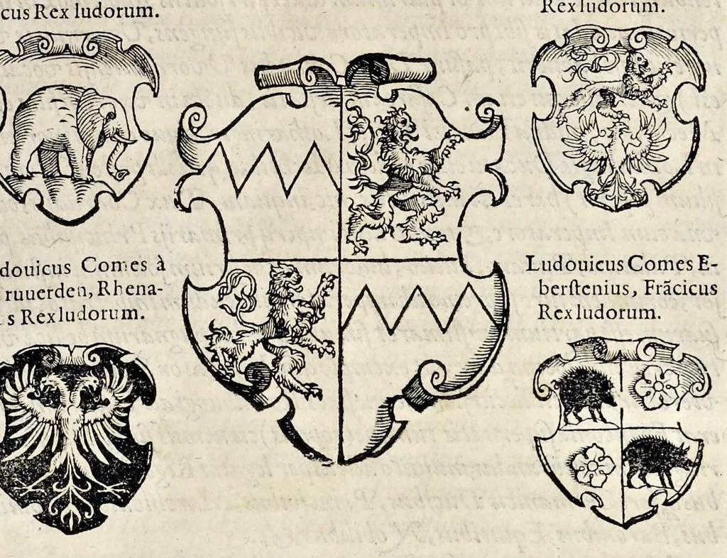 An illustration from Pandectae trivmphales, siue, Pomparvm et festorvm ac solennivm apparatvvm, conviviorvm, spectacvlorvm, simvlacrorvm bellicorvm equestrivm et pedestrivm, navmachiarum, ludorum deniq[ue] omnium nobiliorum, quot hactenus vbiq[ue] gentium re bello bene gesta ... edita concelebrataque sunt, tomi dvo : qvorvm prior de trivmphis ... heroum ... tractat : posterior ... hastilvdiorvm per Germaniam tradit initia ..., 1586, leaf 526