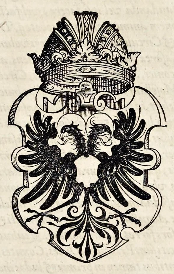 An illustration from Pandectae trivmphales, siue, Pomparvm et festorvm ac solennivm apparatvvm, conviviorvm, spectacvlorvm, simvlacrorvm bellicorvm equestrivm et pedestrivm, navmachiarum, ludorum deniq[ue] omnium nobiliorum, quot hactenus vbiq[ue] gentium re bello bene gesta ... edita concelebrataque sunt, tomi dvo : qvorvm prior de trivmphis ... heroum ... tractat : posterior ... hastilvdiorvm per Germaniam tradit initia ..., 1586, leaf 552