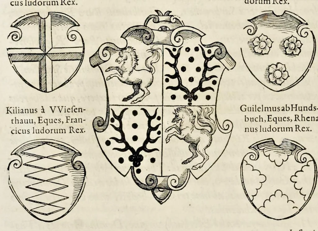 An illustration from Pandectae trivmphales, siue, Pomparvm et festorvm ac solennivm apparatvvm, conviviorvm, spectacvlorvm, simvlacrorvm bellicorvm equestrivm et pedestrivm, navmachiarum, ludorum deniq[ue] omnium nobiliorum, quot hactenus vbiq[ue] gentium re bello bene gesta ... edita concelebrataque sunt, tomi dvo : qvorvm prior de trivmphis ... heroum ... tractat : posterior ... hastilvdiorvm per Germaniam tradit initia ..., 1586, leaf 573