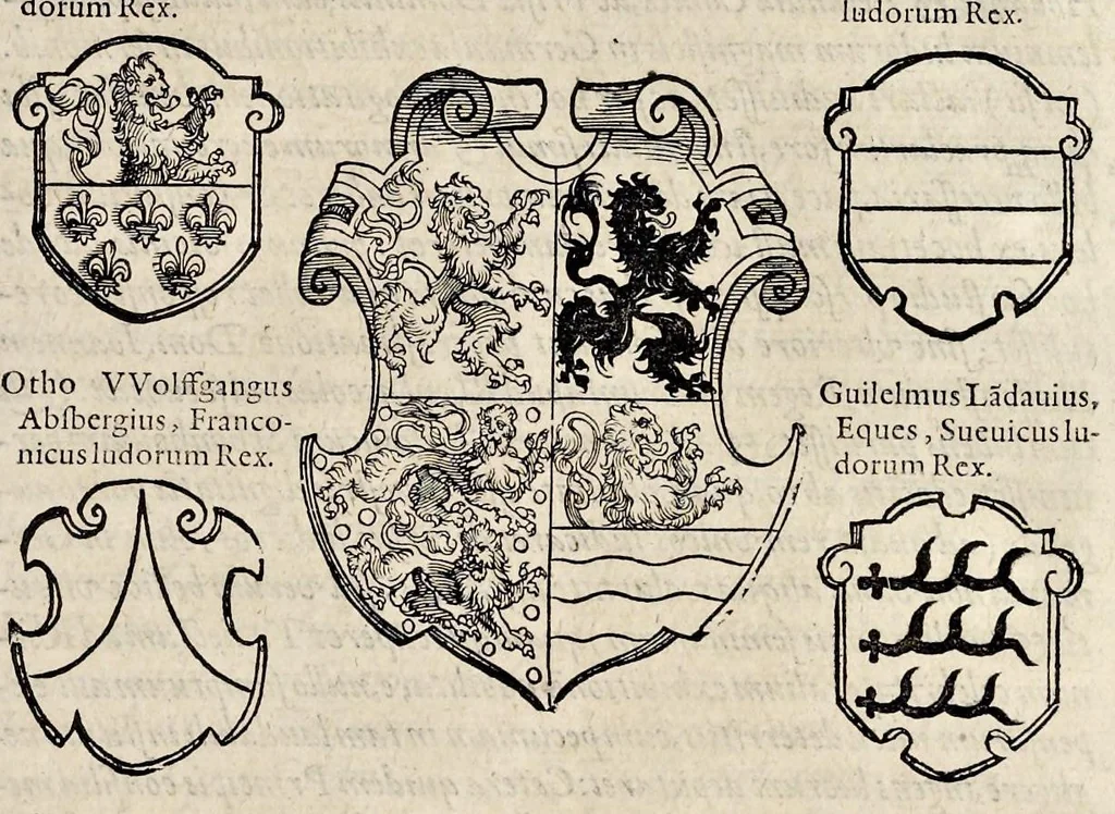 An illustration from Pandectae trivmphales, siue, Pomparvm et festorvm ac solennivm apparatvvm, conviviorvm, spectacvlorvm, simvlacrorvm bellicorvm equestrivm et pedestrivm, navmachiarum, ludorum deniq[ue] omnium nobiliorum, quot hactenus vbiq[ue] gentium re bello bene gesta ... edita concelebrataque sunt, tomi dvo : qvorvm prior de trivmphis ... heroum ... tractat : posterior ... hastilvdiorvm per Germaniam tradit initia ..., 1586, leaf 600