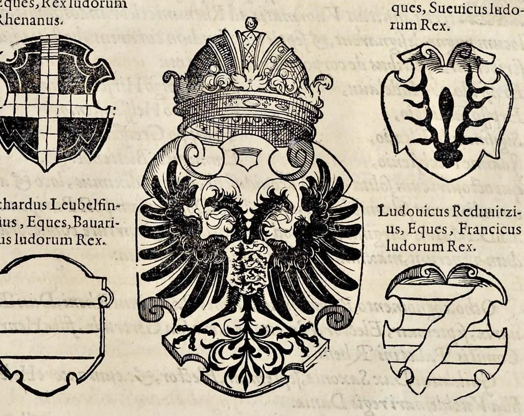 An illustration from Pandectae trivmphales, siue, Pomparvm et festorvm ac solennivm apparatvvm, conviviorvm, spectacvlorvm, simvlacrorvm bellicorvm equestrivm et pedestrivm, navmachiarum, ludorum deniq[ue] omnium nobiliorum, quot hactenus vbiq[ue] gentium re bello bene gesta ... edita concelebrataque sunt, tomi dvo : qvorvm prior de trivmphis ... heroum ... tractat : posterior ... hastilvdiorvm per Germaniam tradit initia ..., 1586, leaf 624