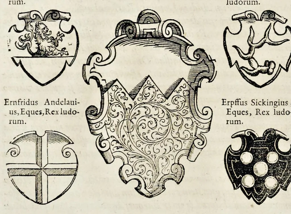 An illustration from Pandectae trivmphales, siue, Pomparvm et festorvm ac solennivm apparatvvm, conviviorvm, spectacvlorvm, simvlacrorvm bellicorvm equestrivm et pedestrivm, navmachiarum, ludorum deniq[ue] omnium nobiliorum, quot hactenus vbiq[ue] gentium re bello bene gesta ... edita concelebrataque sunt, tomi dvo : qvorvm prior de trivmphis ... heroum ... tractat : posterior ... hastilvdiorvm per Germaniam tradit initia ..., 1586, leaf 633