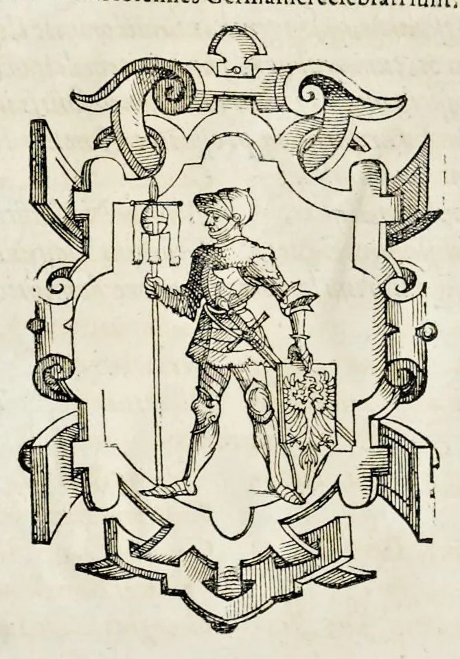 An illustration from Pandectae trivmphales, siue, Pomparvm et festorvm ac solennivm apparatvvm, conviviorvm, spectacvlorvm, simvlacrorvm bellicorvm equestrivm et pedestrivm, navmachiarum, ludorum deniq[ue] omnium nobiliorum, quot hactenus vbiq[ue] gentium re bello bene gesta ... edita concelebrataque sunt, tomi dvo : qvorvm prior de trivmphis ... heroum ... tractat : posterior ... hastilvdiorvm per Germaniam tradit initia ..., 1586, leaf 665